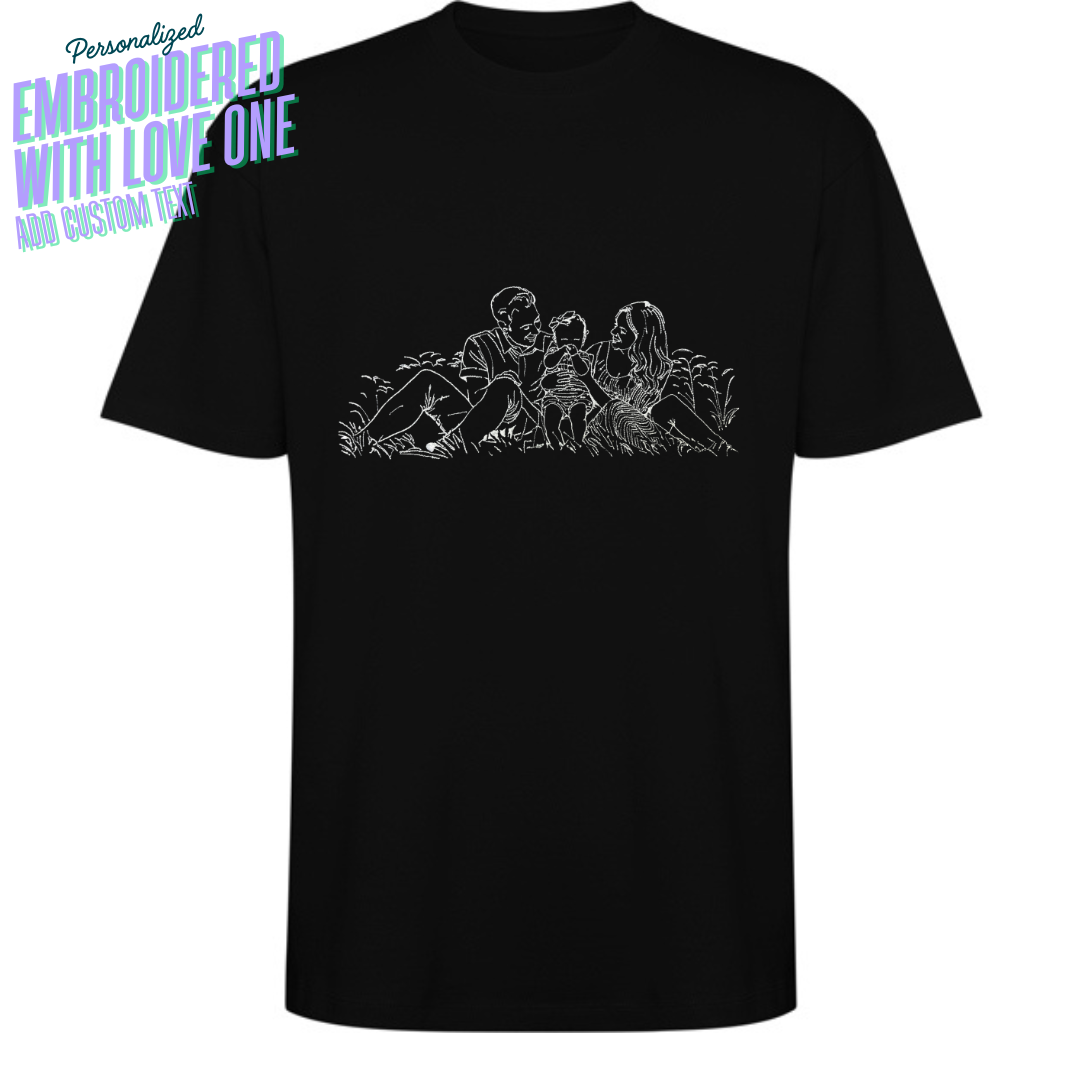 Custom Embroidered T-Shirt Family Couple Art Outline from Your Photo