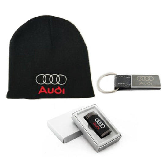 Embroidered winter hat, lighter and Audi key ring