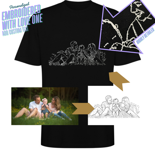 Custom Embroidered T-Shirt Family Couple Art Outline from Your Photo