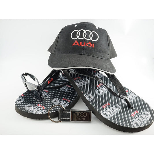 Sport flip flops with visor hat, keychain and AUDI sunglasses